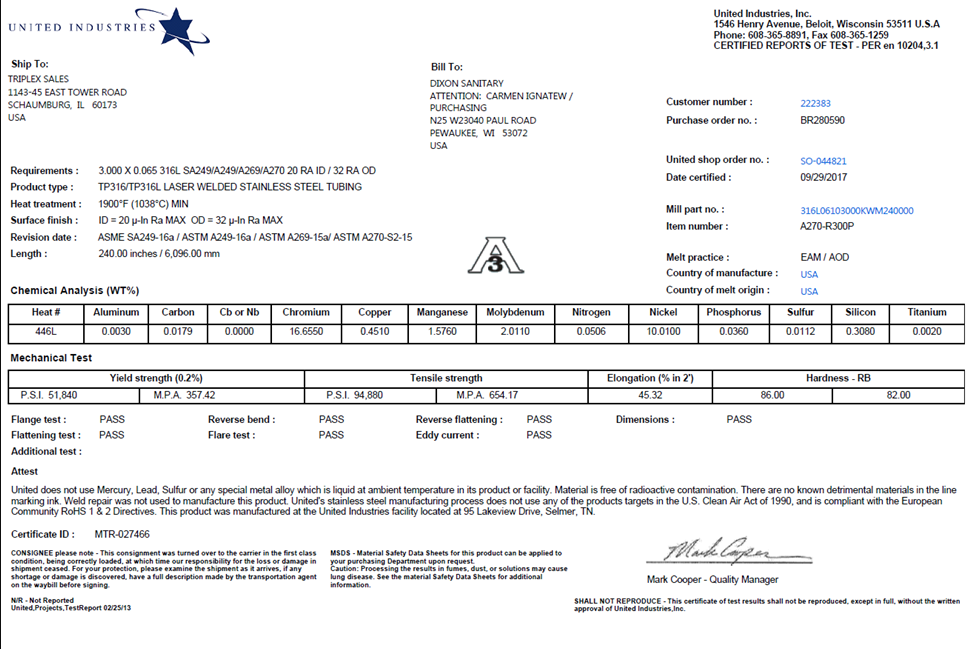 mill test report example