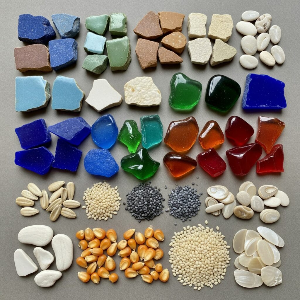 Berbagai jenis material yang digunakan dalam teknik mozaik.