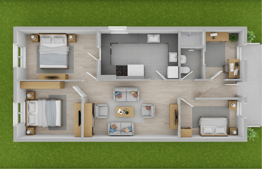 Desain rumah dengan 3 kamar tidur dengan ruang tamu ditengah