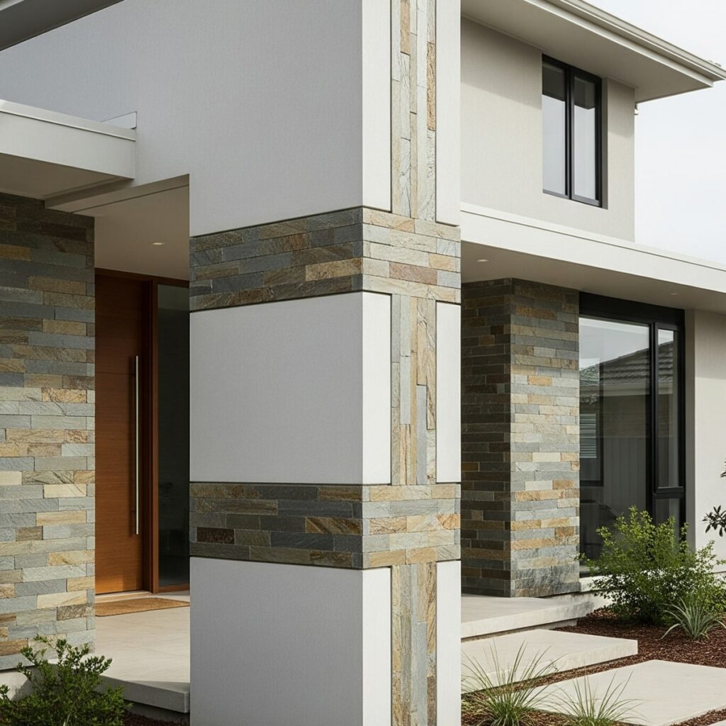 Desain Profil Tiang Teras Rumah Minimalis Kombinasi Beton & Batu Alam Parsial