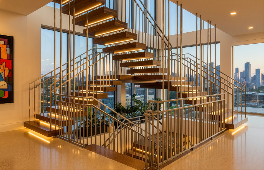 Tangga U Modern dengan Railing Hollow