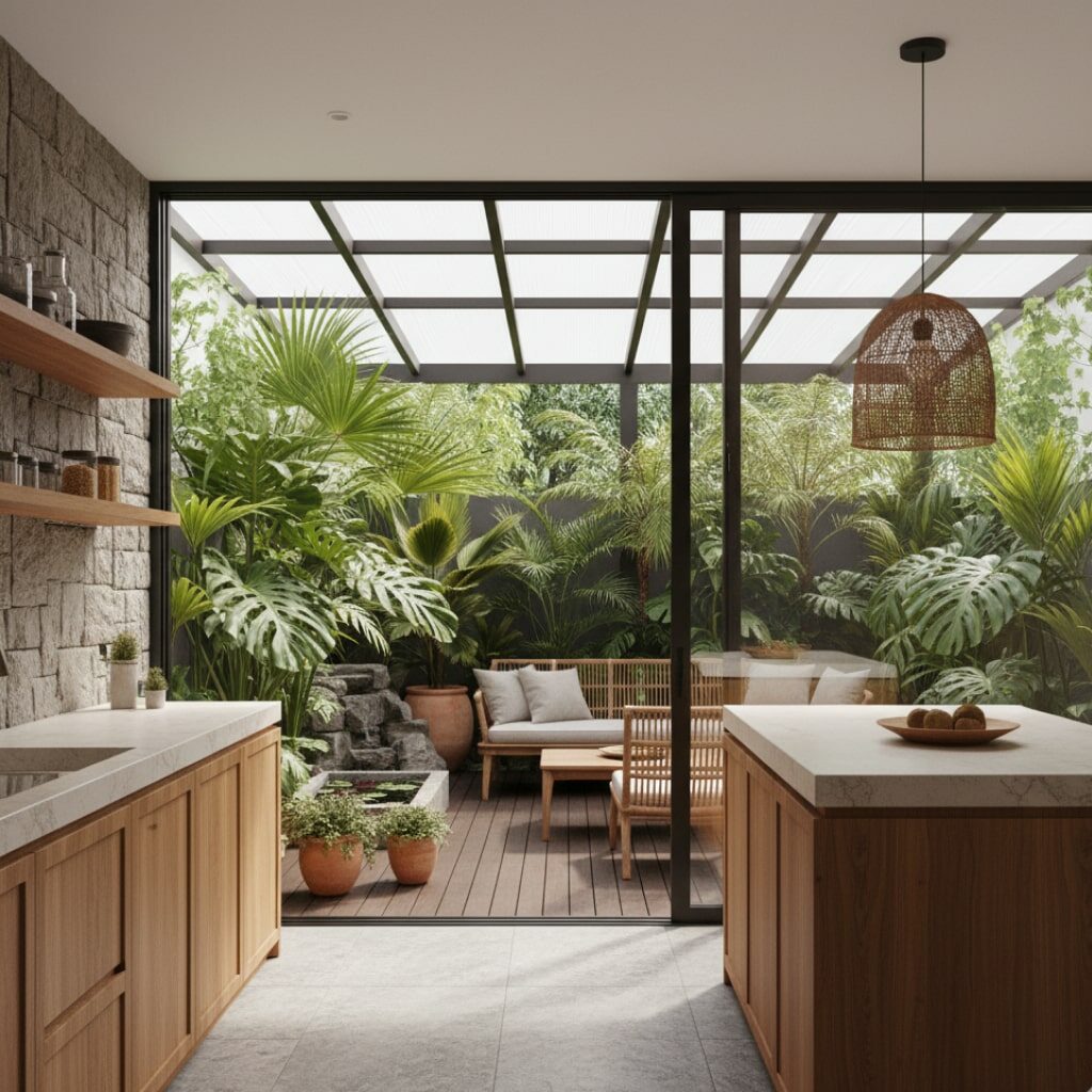 Dapur dan Taman Belakang Rumah Minimalis Gaya Tropis Modern: Oase Alami di Halaman Belakang