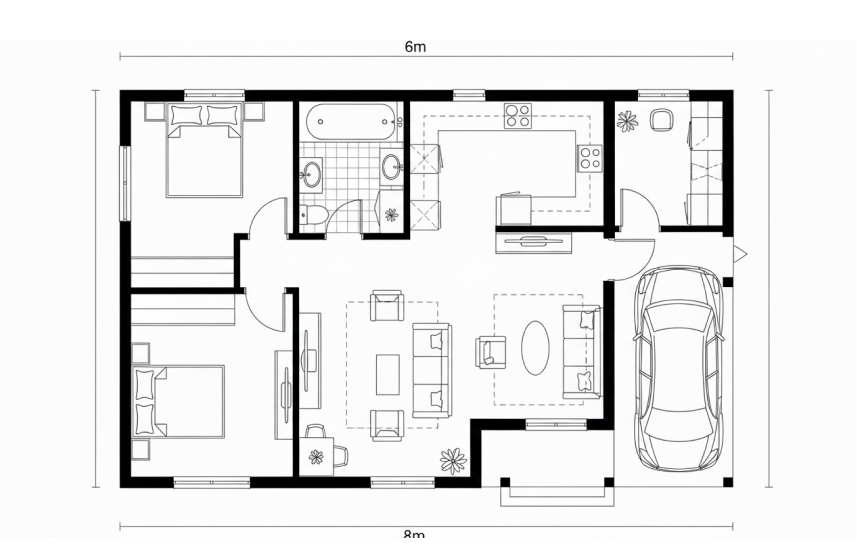 Denah Rumah Minimalis 2 Kamar 6x8 Denah Klasik Fungsional