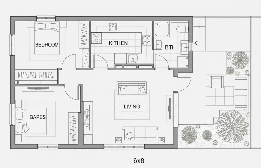 Denah Rumah Minimalis 2 Kamar 6x8 Denah dengan Taman Belakang Mungil