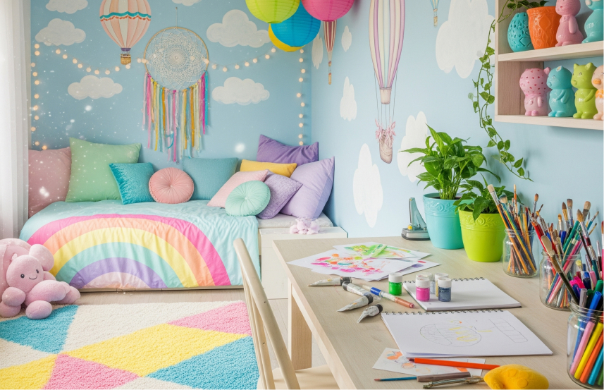 Kamar Tidur Anak Perempuan Aesthetic Ledakan Keceriaan (Gaya Colorful & Pastel)