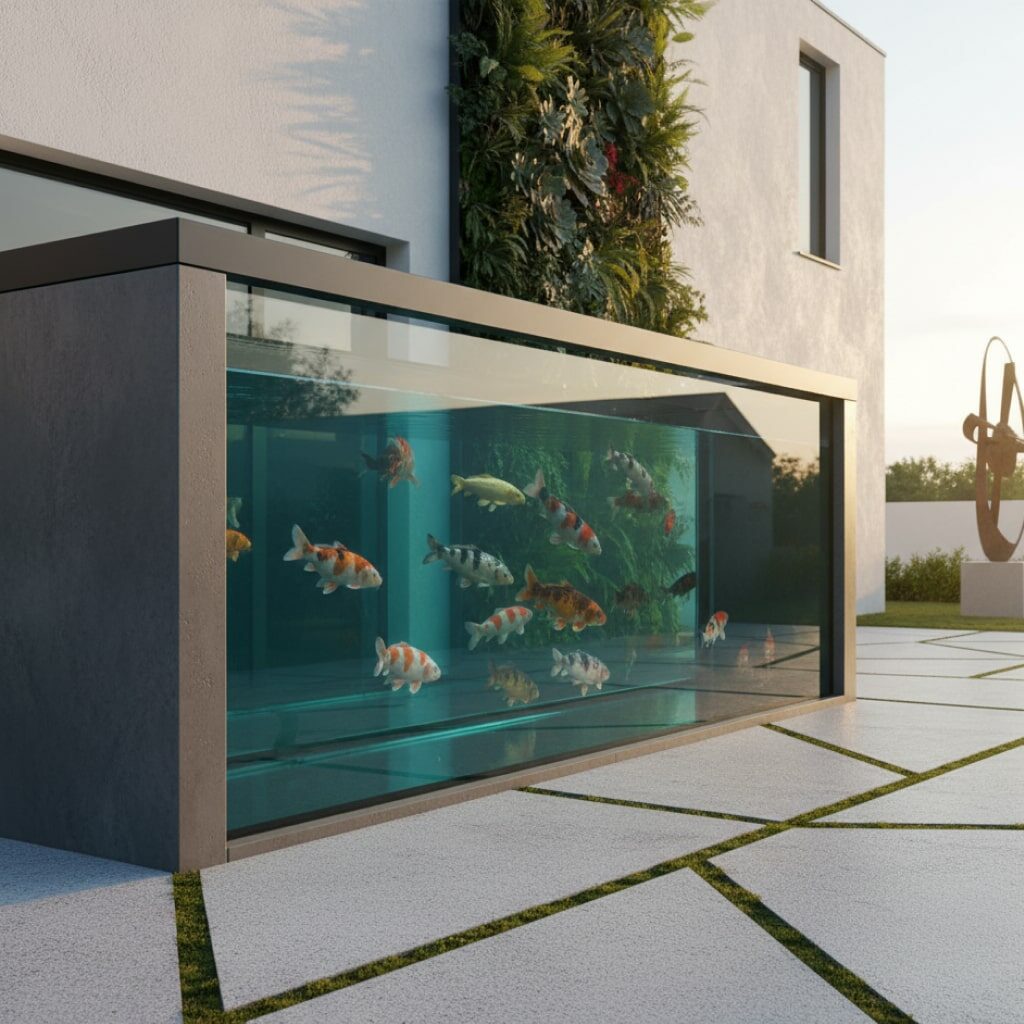 Kolam Ikan Minimalis Depan Rumah Gaya Modern & Elegan dengan Dinding Kaca
