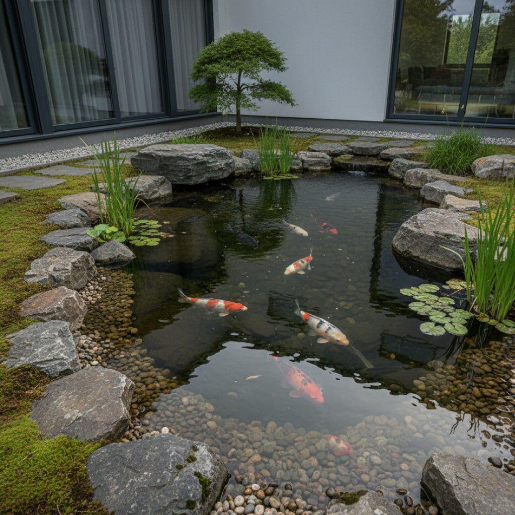 Kolam Ikan Minimalis Depan Rumah Nuansa Alami & Menenangkan dengan Batu Alam