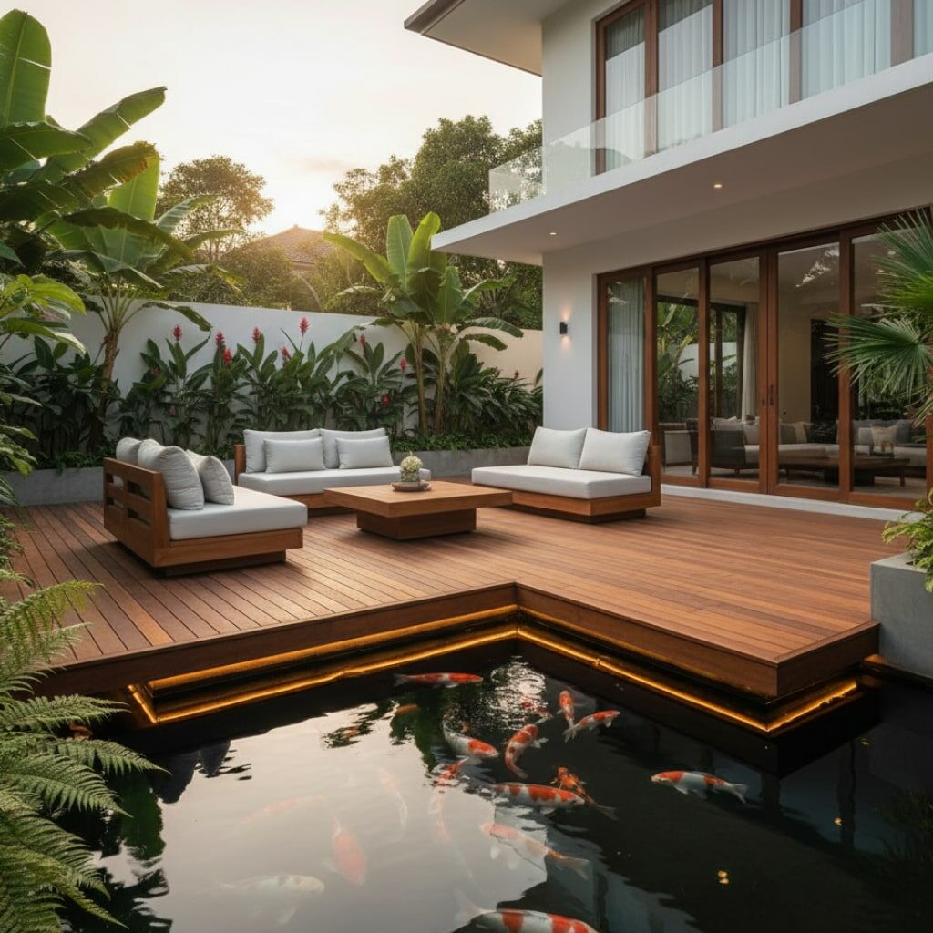Kolam Ikan Minimalis Depan Rumah dengan Kehangatan Tropis dengan Sentuhan Dek Kayu