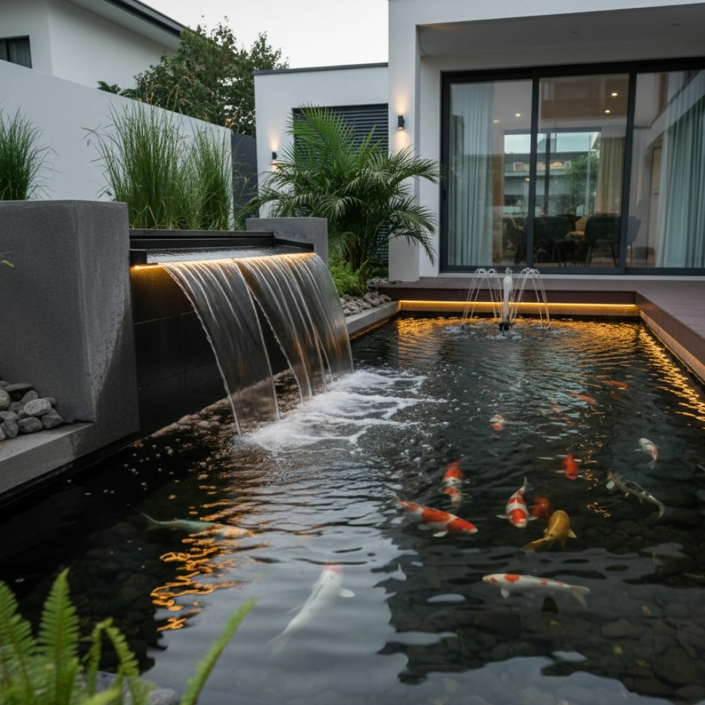 Kolam dengan Air Terjun atau Pancuran Mini