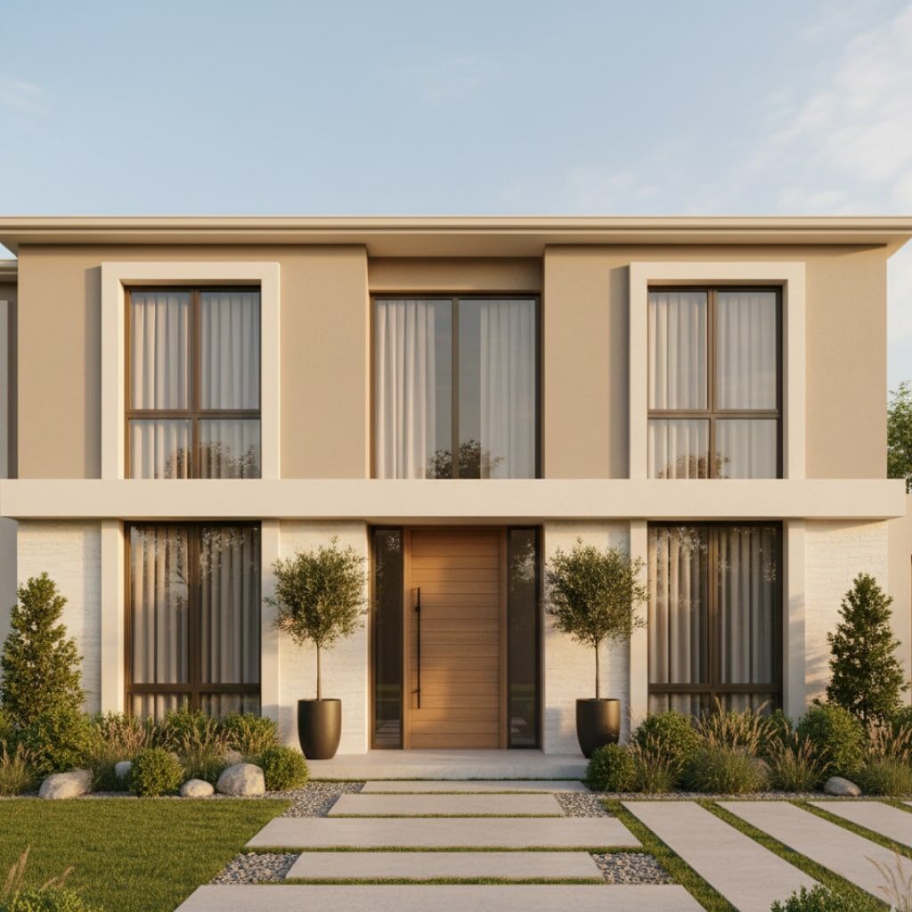 Cat rumah minimalis tampak depan warna cerah Beige, Krem & Ivory