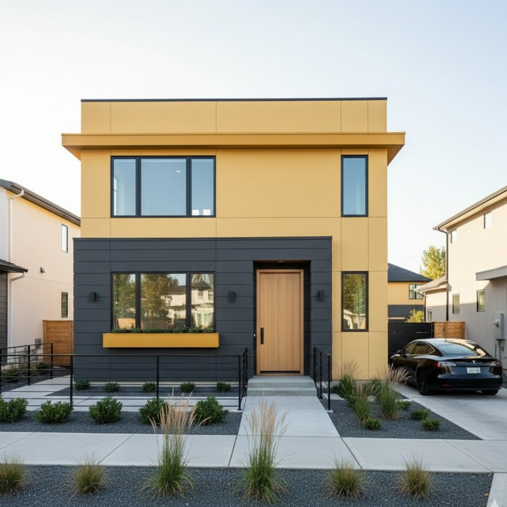 Cat rumah minimalis tampak depan warna cerah Kuning (Lemon, Butter, Marigold)