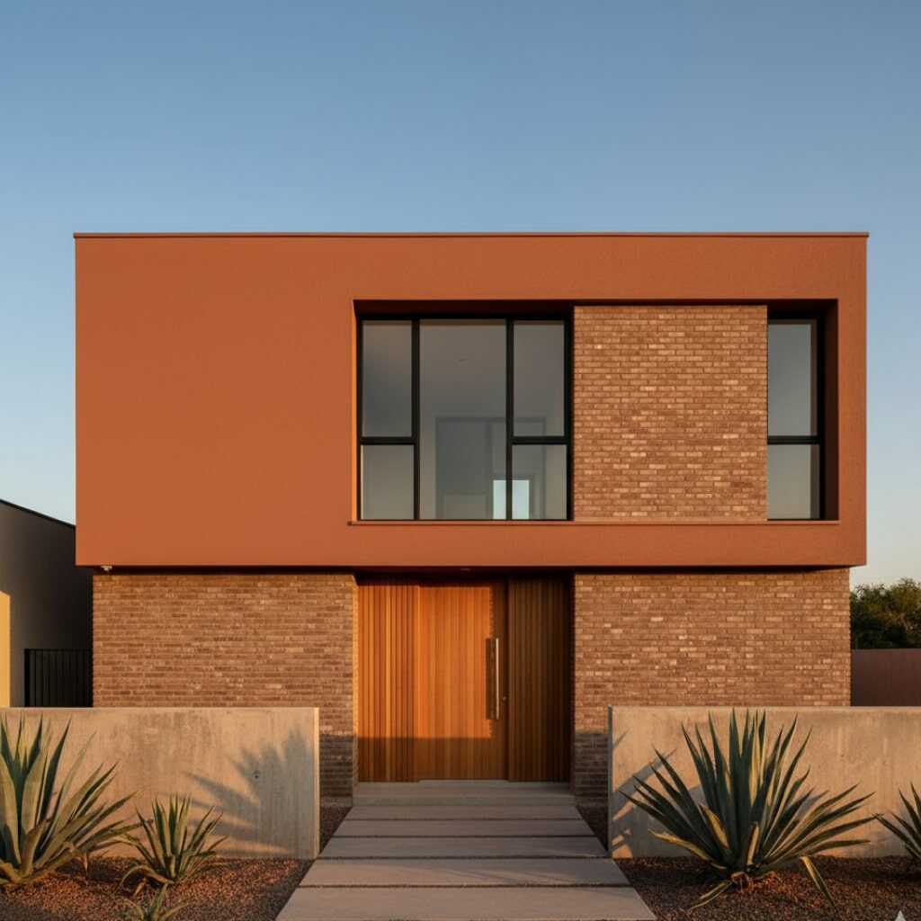 Cat rumah minimalis tampak depan warna cerah Terracotta & Coklat Bata