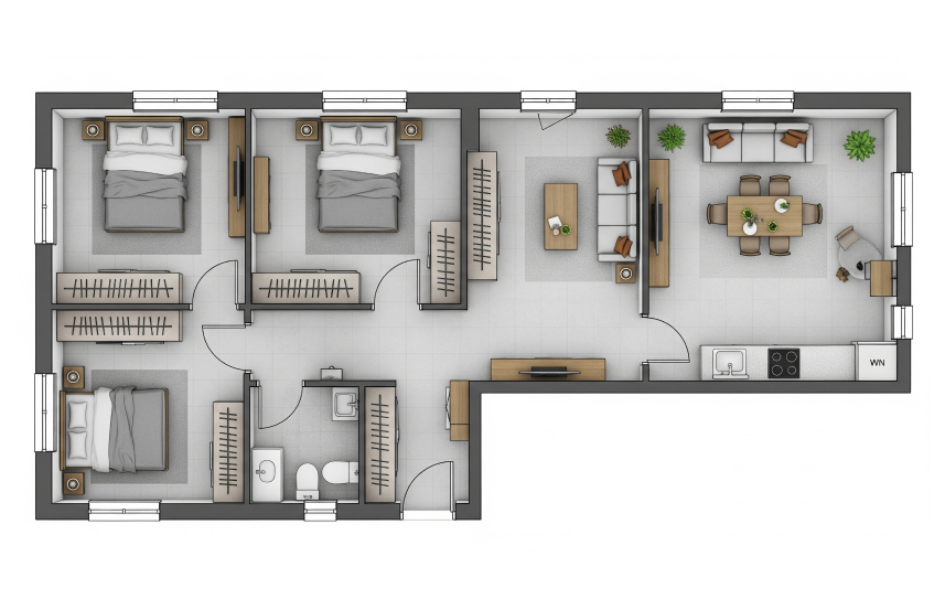 ukuran 7x10 denah rumah 7x10 Konfigurasi 3 Kamar Tidur
