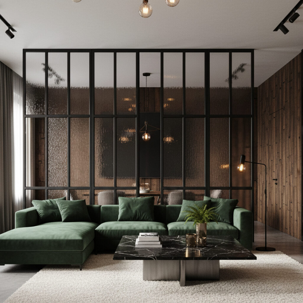 Desain Ruang Tamu Elegan Kemewahan Kontemporer (Industrial-Luxe)