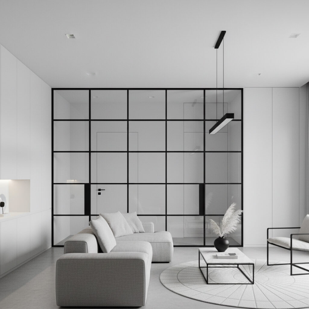 Desain Ruang Tamu Elegan Monokrom Modern & Minimalis