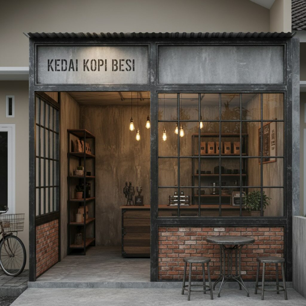 Desain Warung Kecil Depan Rumah Gaya Industrial