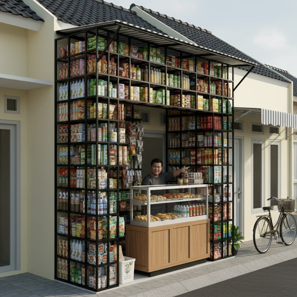 Desain Warung Kecil Depan Rumah Hemat Lahan dengan Rak Vertikal