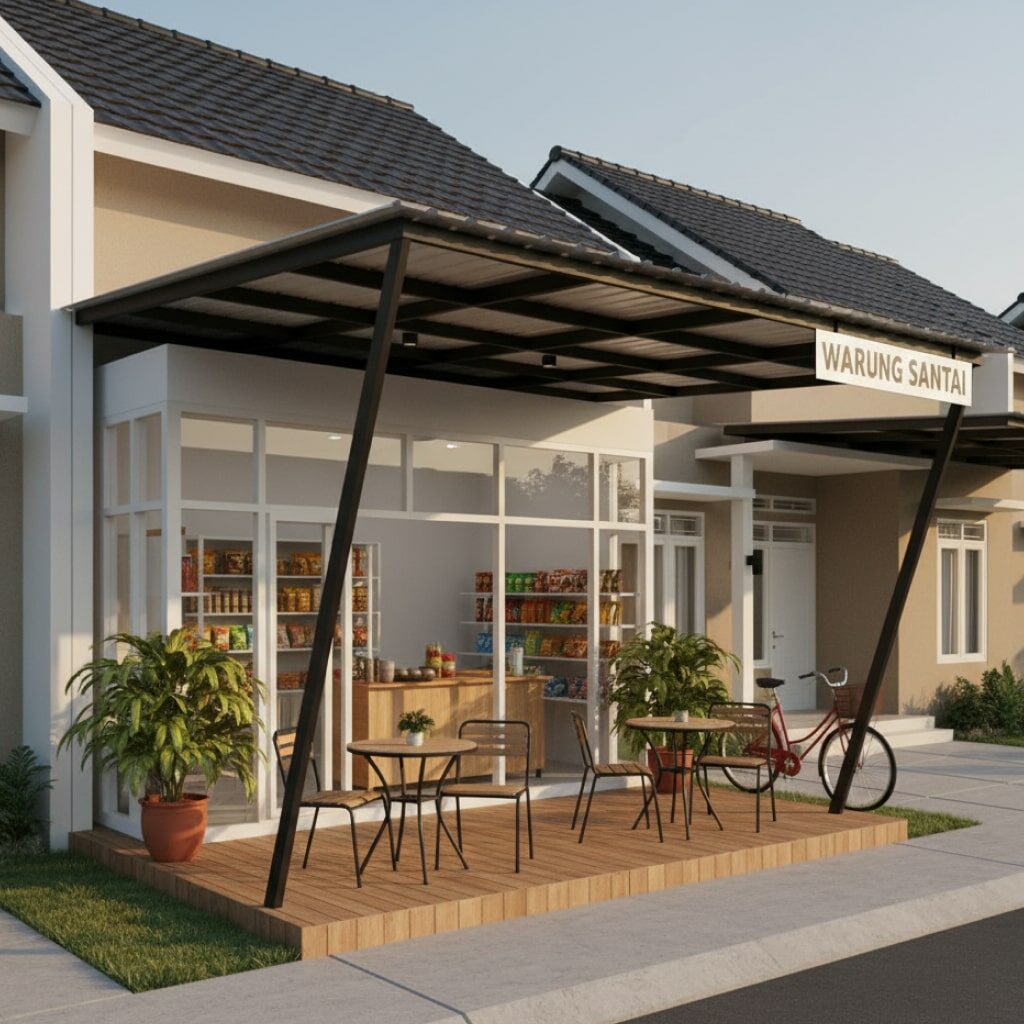 Desain Warung Kecil Depan Rumah Semi-Terbuka dengan Teras