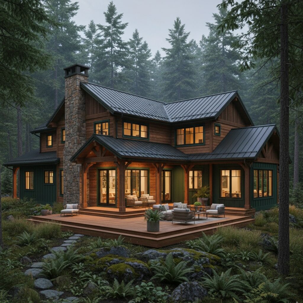 Rumah dengan Kombinasi Warna Hijau dan Cokelat/Kayu