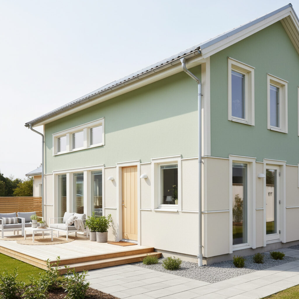 Rumah dengan Kombinasi Warna Hijau dan Putih/Krem