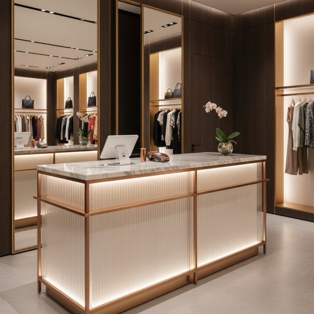 Meja Kasir Untuk Butik dan Toko Fashion Aksen Material Mewah