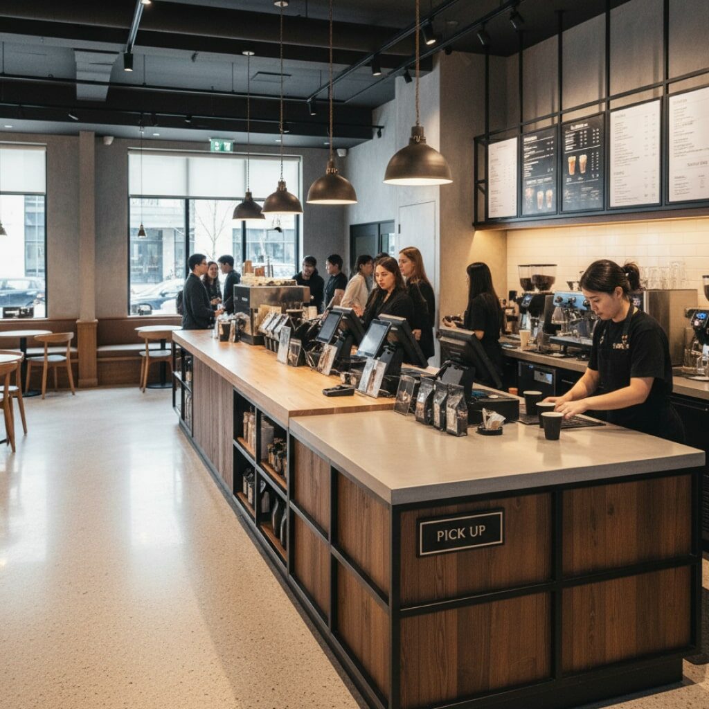 Meja Kasir Untuk Kafe dan Restoran Desain Bentuk L untuk Alur yang Lancar