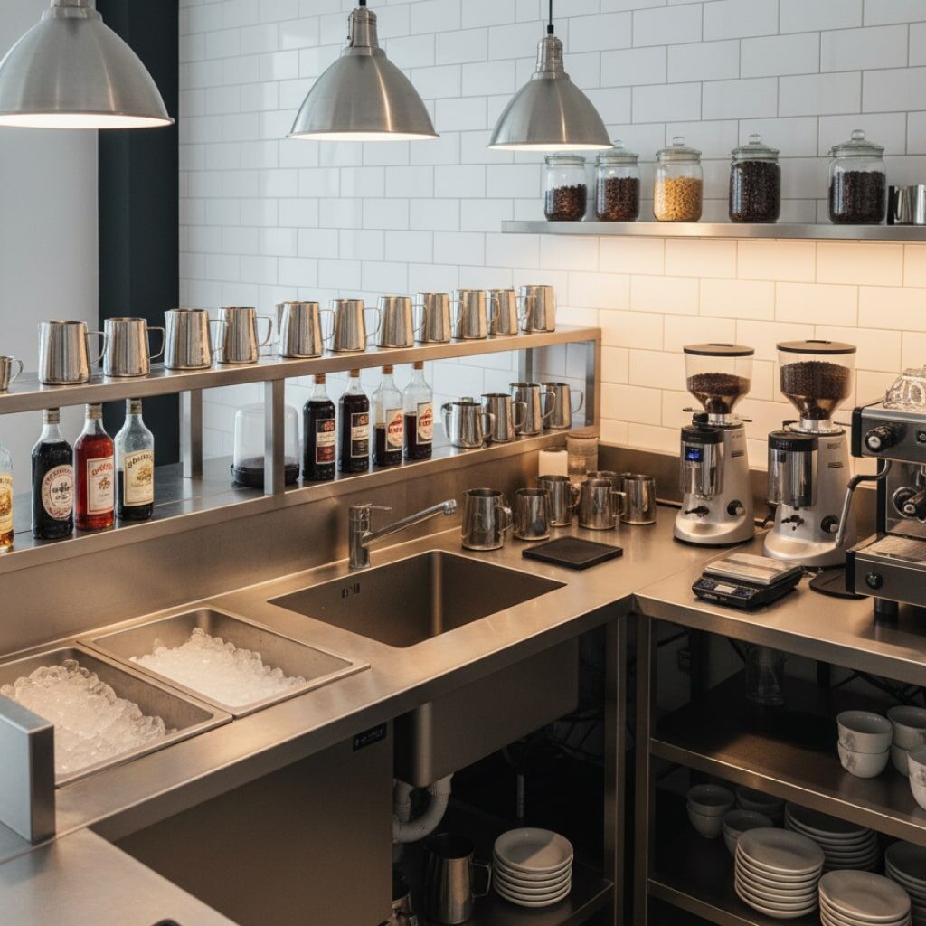 Meja Kasir Untuk Kafe dan Restoran Stasiun Kerja Higienis dari Stainless Steel