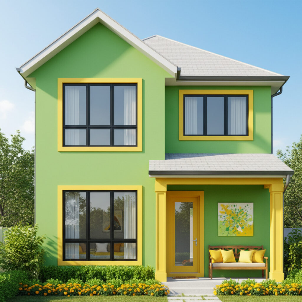 Rumah dengan Kombinasi Warna Hijau dan Kuning