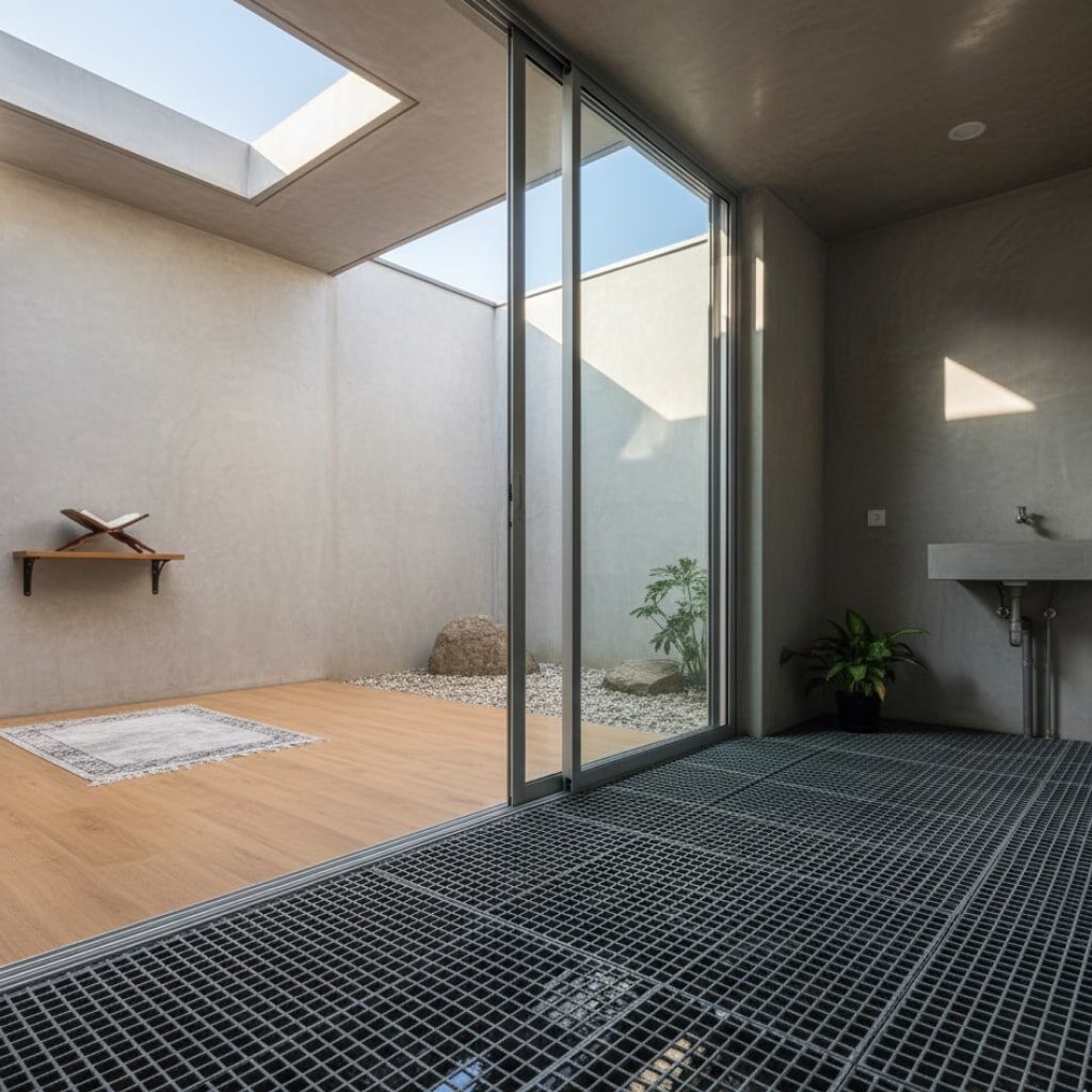 Semi-Outdoor dengan Lantai Steel Grating