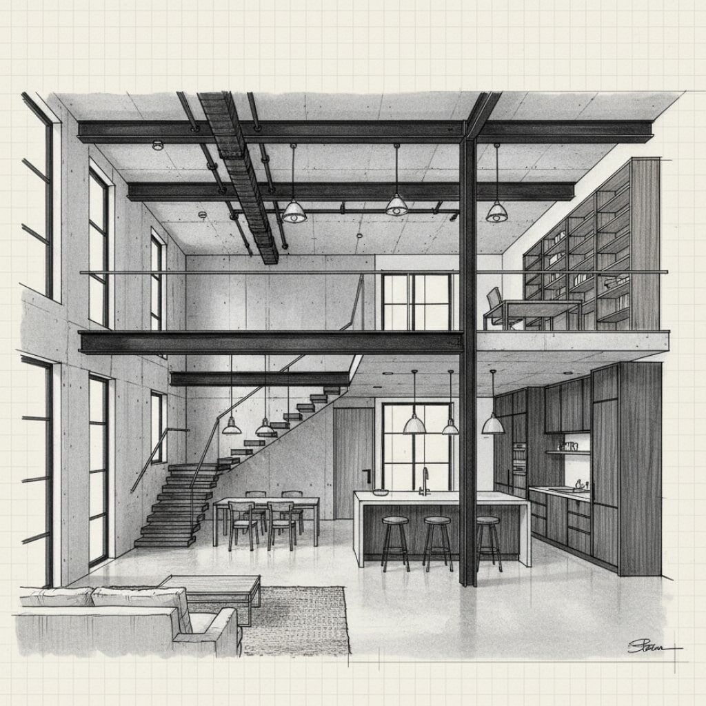 Sketsa Rumah Sentuhan Modern dan Industrial Kombinasi Material Ekspos