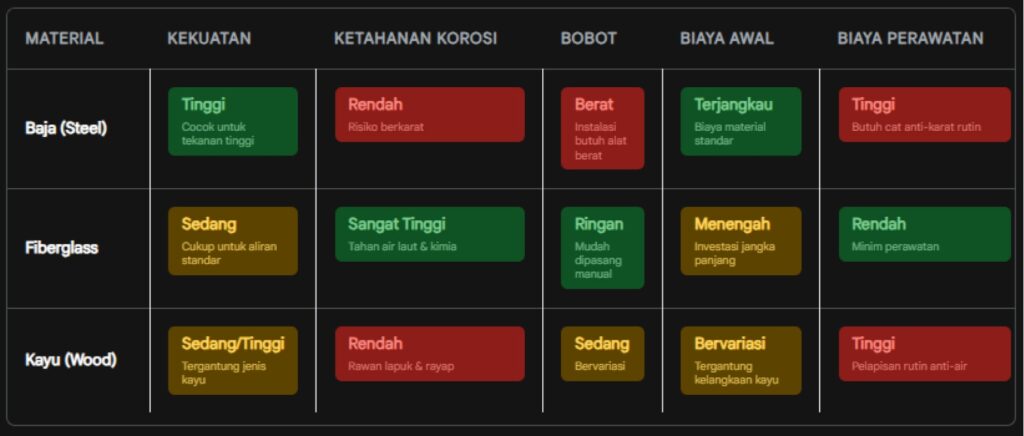 Perbandingan performa material daun pintu air berdasarkan parameter kekuatan, ketahanan korosi, bobot, dan biaya investasi.
