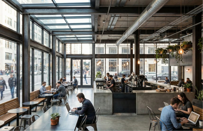 Desain Coffee Shop Industrial Konsep The Glass House