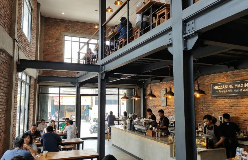 Desain Coffee Shop Industrial Mezzanine Maximizer