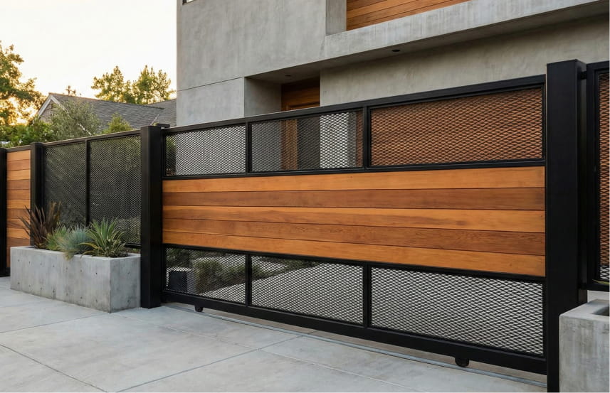 Desain Pagar Expanded Minimalis dengan Kombinasi Material Kayu