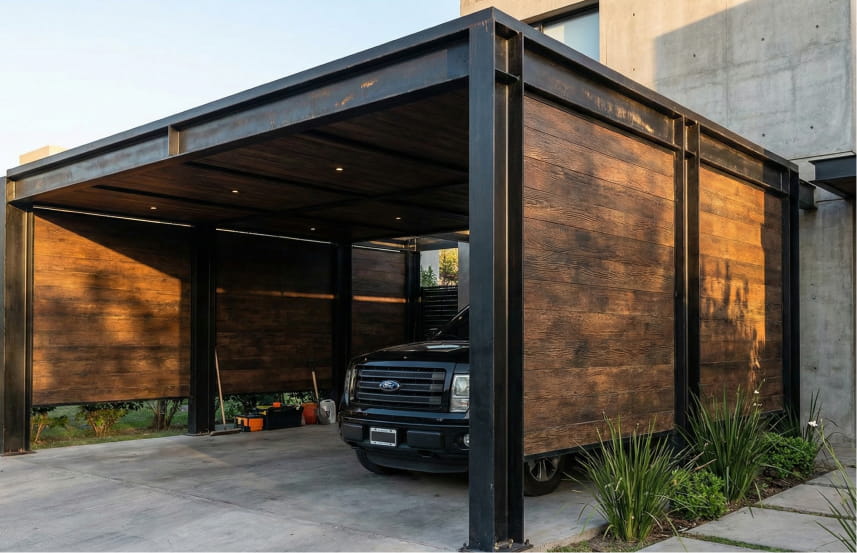 Carport Kombinasi Industrial Besi dan Woodplank