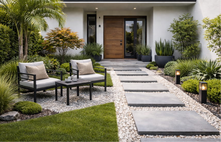 Menata Taman Depan Rumah Sederhana dengan Area Duduk Kecil