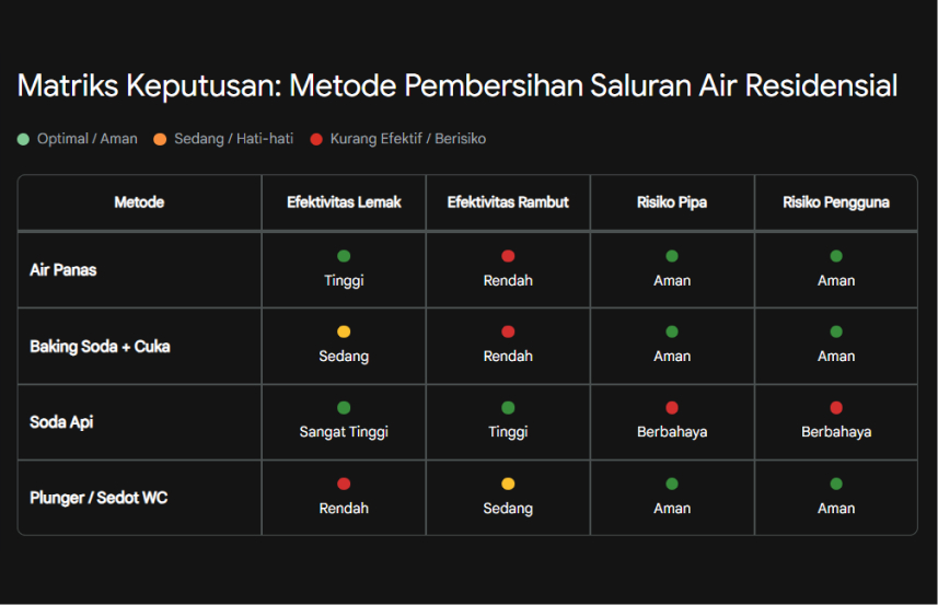 cara mengatasi pipa air tersumbat Perbandingan metode pembersihan saluran air berdasarkan efektivitas terhadap lemak, risiko kerusakan pipa, dan tingkat kesulitan aplikasi.
