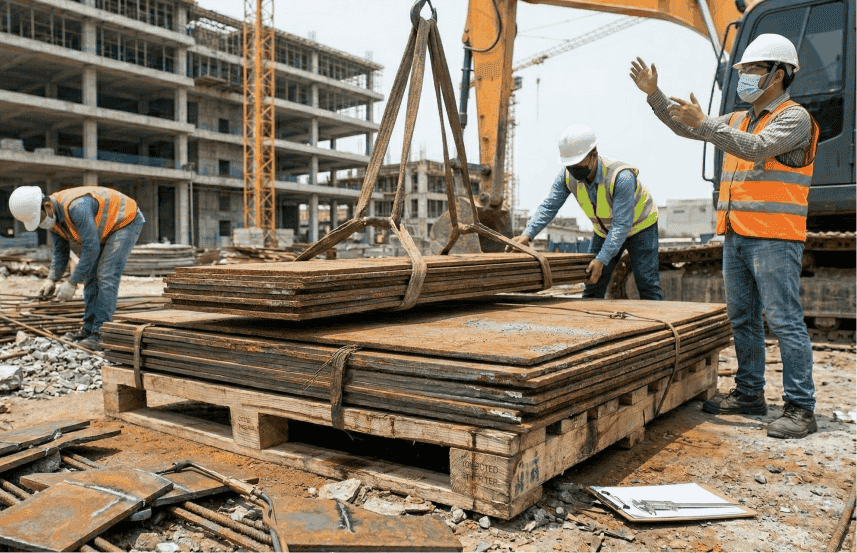 Tumpukan plat besi non-standar (plat banci) yang berkarat di atas palet di lokasi proyek konstruksi.