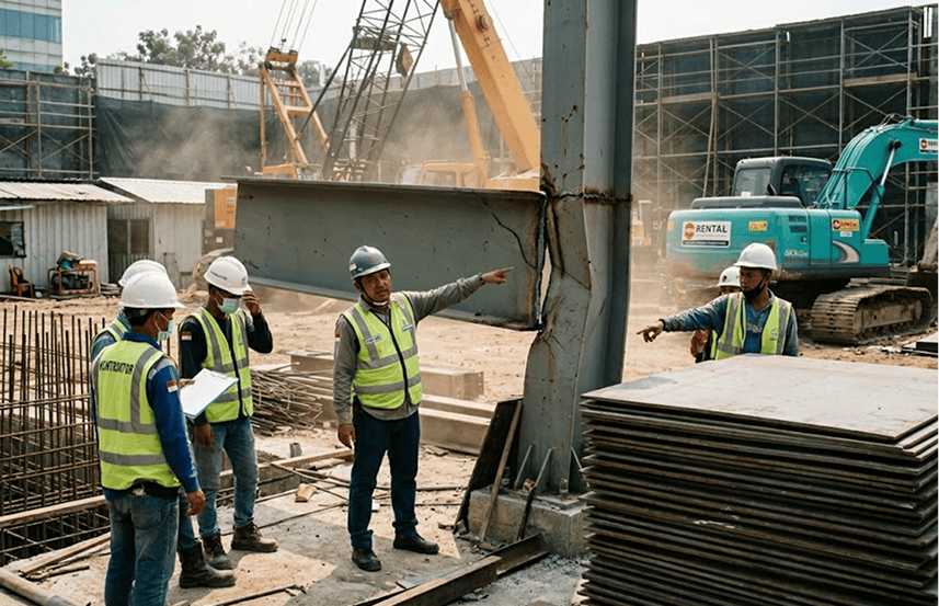 Pekerja konstruksi di lokasi mendiskusikan cacat struktur baja di dekat tumpukan plat besi