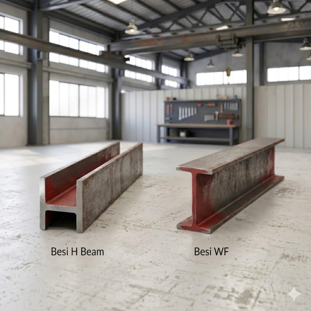 Foto perbandingan visual beda H-Beam dan WF. Tampak profil Besi H Beam (kiri) dengan penampang sayap lebar simetris dan profil Besi WF (kanan) dengan dimensi sayap lebih sempit (rasio 2:1) yang diletakkan berdampingan di lantai gudang industri.