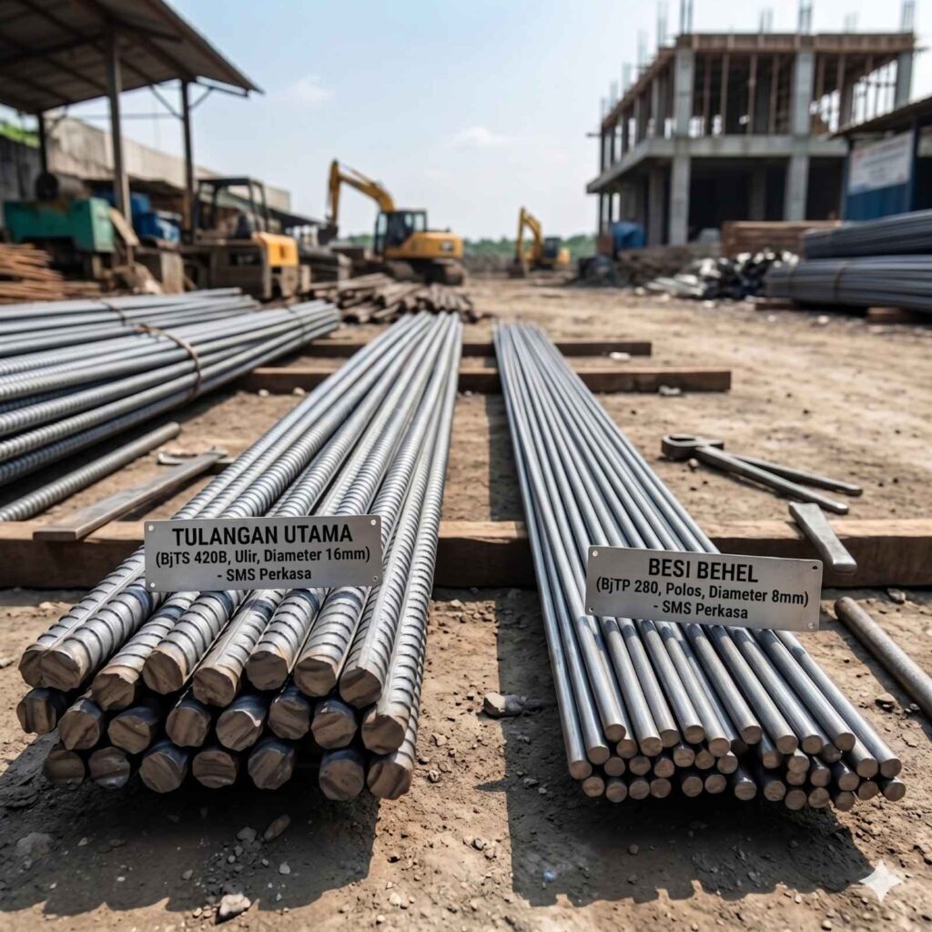 Dua tumpukan besi tulangan di lokasi proyek: Tulangan Utama Ulir 16mm (kiri) dan Besi Behel Polos 8mm (kanan)