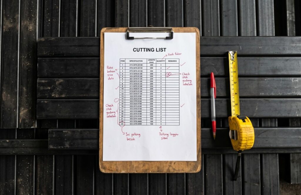 Contoh dokumen tabel cutting list besi hollow yang digunakan site engineer untuk meminimalisir waste material di proyek.
