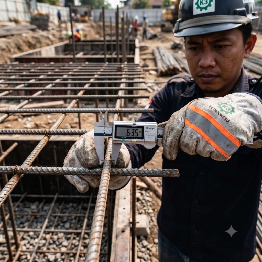 Pengukuran diameter kawat baja menggunakan jangka sorong digital oleh petugas pengawas logistik lapangan.