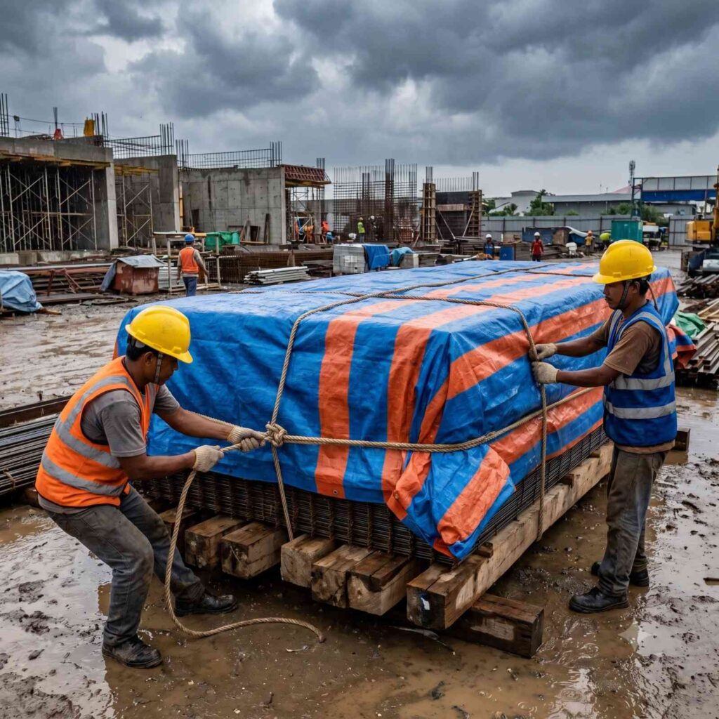 Protokol perlindungan besi wiremesh menggunakan penutup terpal tebal dan ganjal kayu agar terhindar dari air hujan.