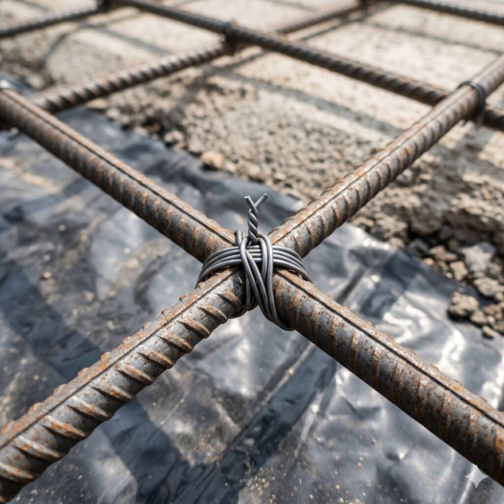 Detail sambungan tumpangan atau overlapping plat wiremesh m8 yang diikat kencang menggunakan kawat bendrat.
