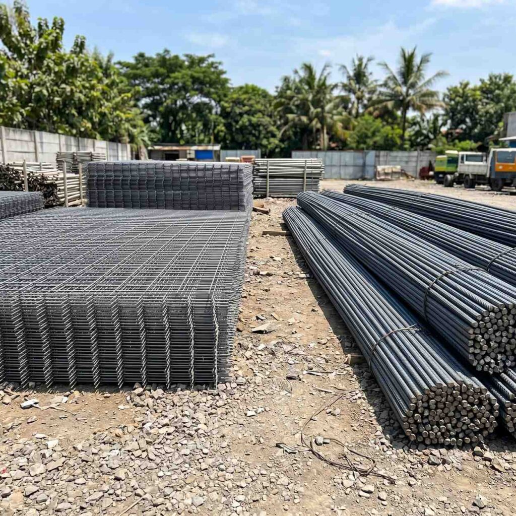 Komparasi tumpukan wiremesh cor dibandingkan dengan tumpukan besi beton batangan konvensional di area penyimpanan material proyek