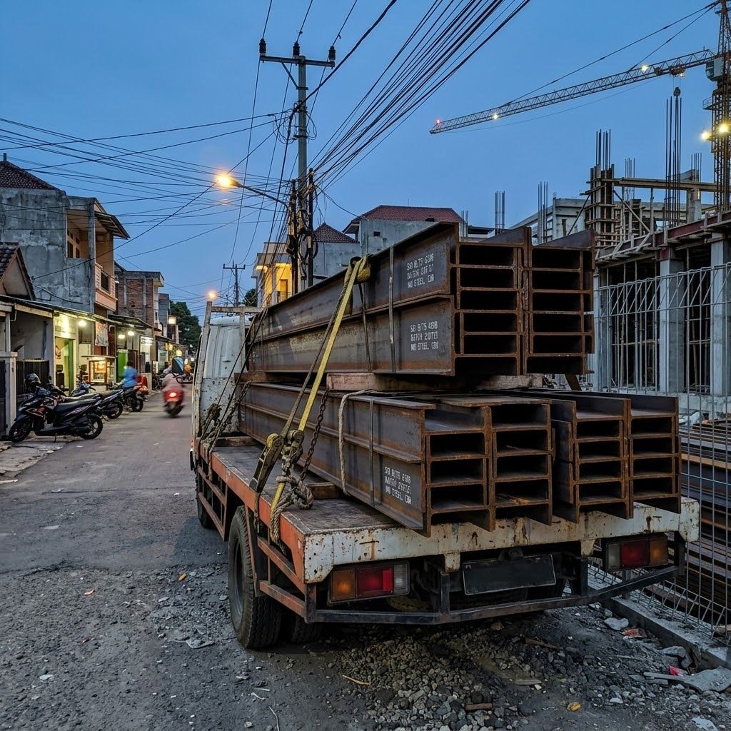 Pengiriman besi baja onsite menggunakan armada truk losbak yang memuat material baja profil H-Beam panjang 12 meter.