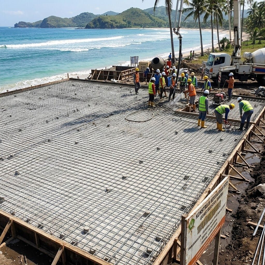 Perakitan rangka besi beton galvanis anti karat coastal pada fondasi villa tepi pantai
