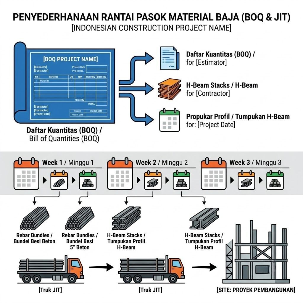 Infografis alur penyederhanaan rantai pasok material baja melalui sinkronisasi dokumen BOQ dan pengiriman bertahap mingguan secara Just-In-Time ke site proyek.