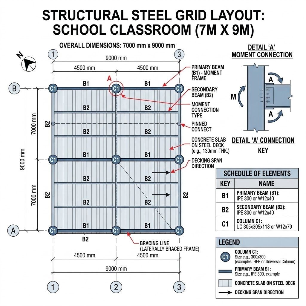 Diagram teknik denah layout grid struktur baja bangunan ruang kelas sekolah rakyat ukuran 7x9 meter, menampilkan konfigurasi kolom utama H-Beam C1, balok pemikul utama WF B1, balok anak B2, serta denah pembesian deck lantai cor beton.